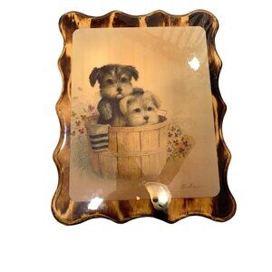 Vintage Decoupage Wall Plaque: Puppies In Bushel Bin With Towel Amid Pansies